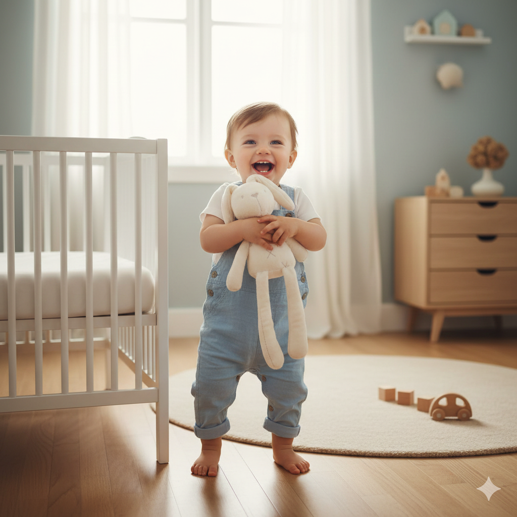 Peluche Dudu Conejito 43 cm – Suave, Blanco y Rosa | Juguete de Apego para Bebés