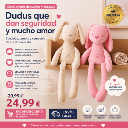 Peluche Dudu Conejito 43 cm – Suave, Blanco y Rosa | Juguete de Apego para Bebés
