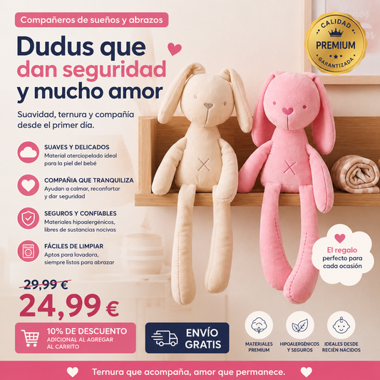 Peluche Dudu Conejito 43 cm – Suave, Blanco y Rosa | Juguete de Apego para Bebés