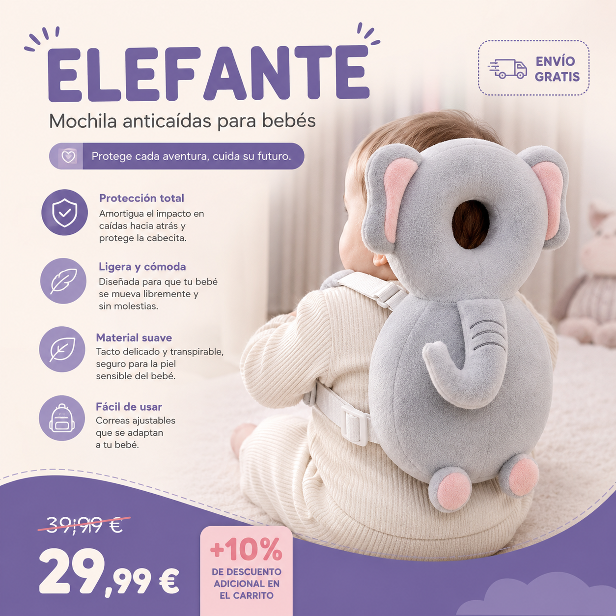 REPOSACABEZA, ANTICAIDAS PARA BEBÉS, ALMOHADA DE ESPALDA CON PROTECTOR