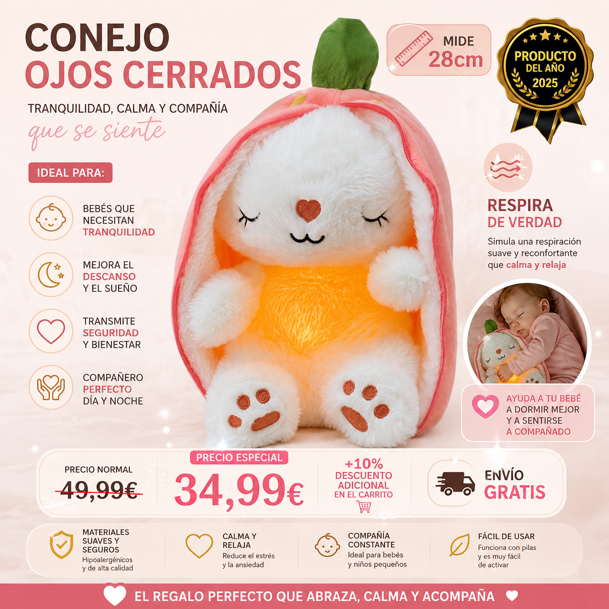 Muñecos Respiración para Bebés - Peluche Calmante 28cm