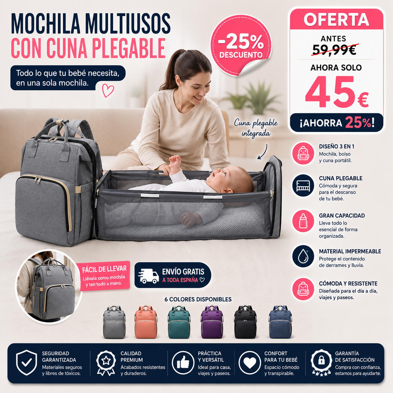 MOCHILA MULTIUSOS CON CUNA PLEGABLE PARA BEBÉS